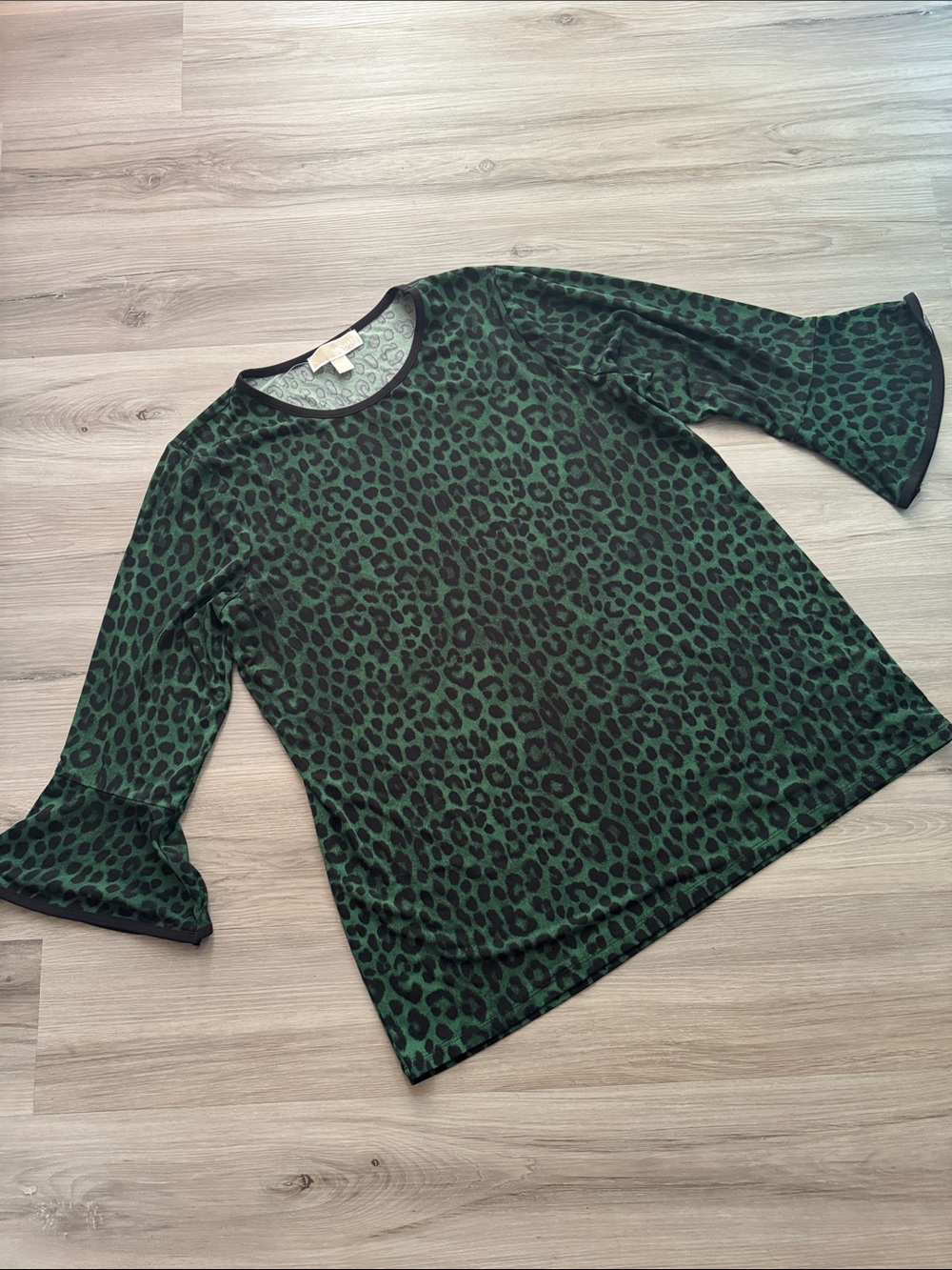 Michael Kors Dark Green Leopard Print Bell Sleeve Long Sleeve Top